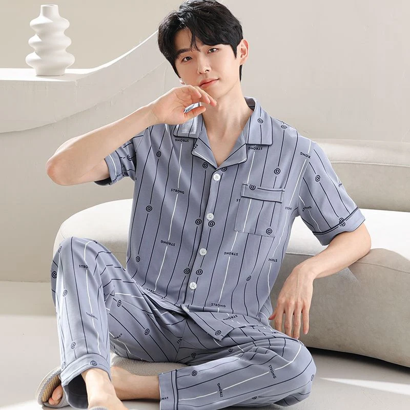 

Плюс размер, хлопковые пижамные комплекты с короткими рукавами и длинными брюками для мужчин, летние корейские повседневные полосатые пижамы, домашняя одежда, домашняя одежда