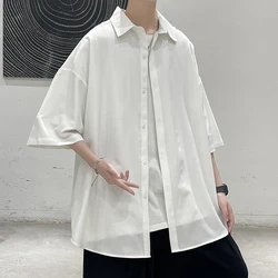 KAPMENTS Korean Fashion Plain Shirt 2023 Summer Mends Oversized Vintage White Blouses Japanese Streetwear Short Sleeve Shirt