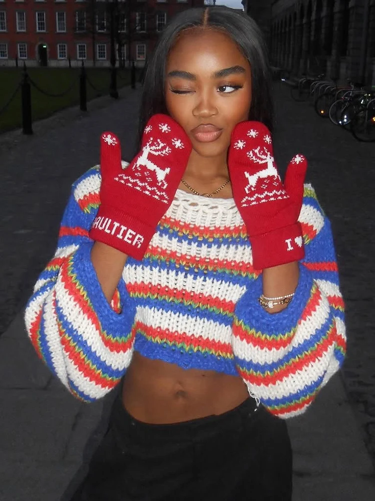 Whatiwear Sweter Rajut Garis Kontras Wanita Tren Musim Gugur Kerah O Lengan Penuh Pusar Terbuka Pullover Fashion Gaya Jalanan Tinggi