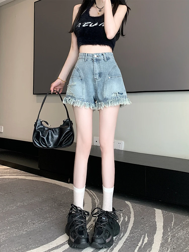 American Sle High Waist Loose Fit A-Line Denim orts Women's Summer Thin Wide Leg Jeans orts Tassel Frayed Casual Hot Pants