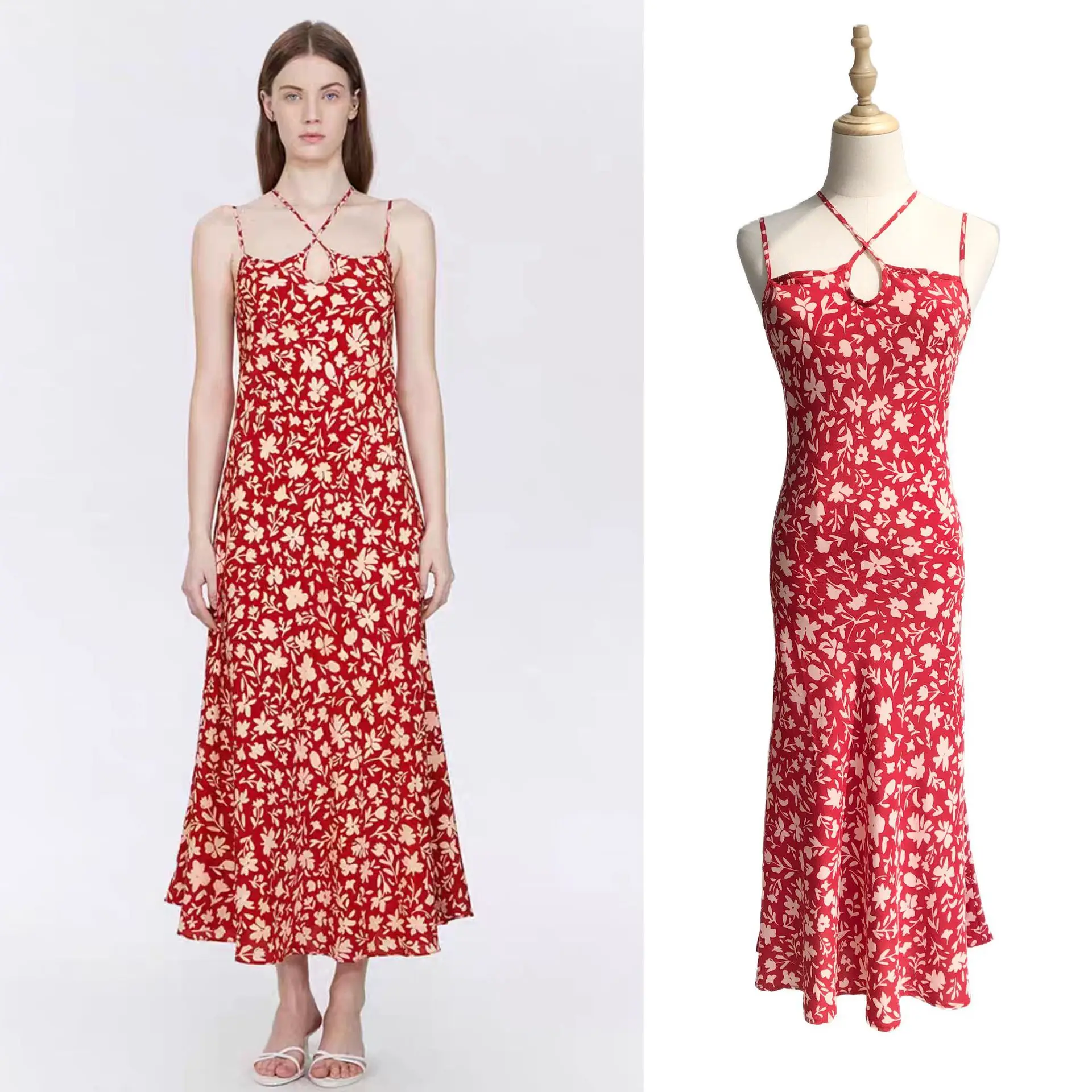 

Цветочный силуэт · Ярко-красное платье, красное шелковое платье на подтяжках с крестом и шнурком с цветочным принтом