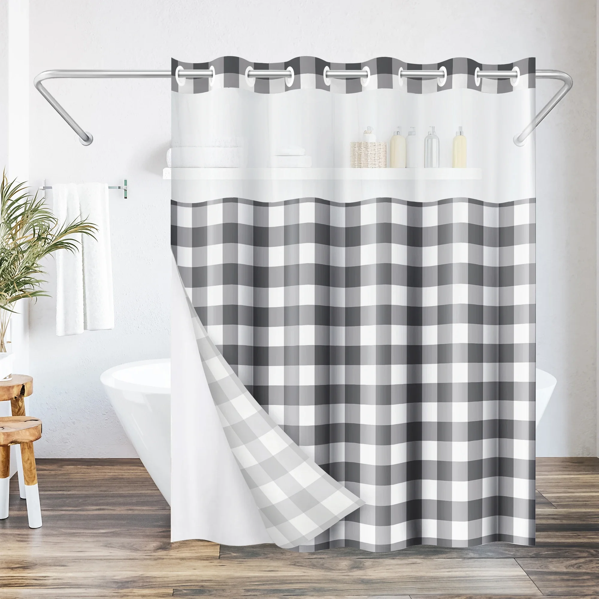 

72x75 Hookless Shower Curtain - Gray Plaid Shower Curtain with Sheer Panel, Snap-In Liner, and Grommets - 100% Polyester