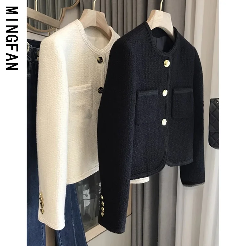 Black Woolen Suit Jacket Women's Autumn Winter New Style Inner Lined Small Fragrance Wind Coat Elegant High-End Feeling Top