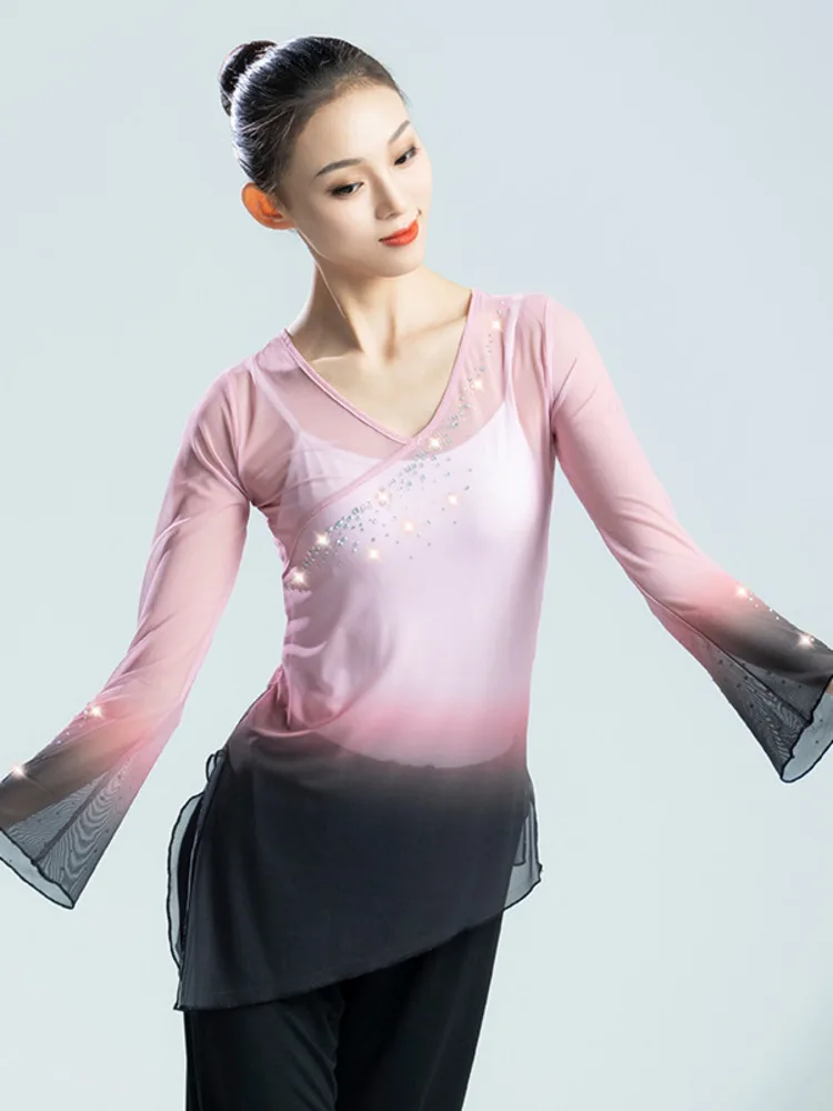 Long Sleeves Modern Dance Top Wear Halloween Costume Latin Women Mesh Line Rhinestones Ballet Ballroom Shirt Jazz Gradient Adult