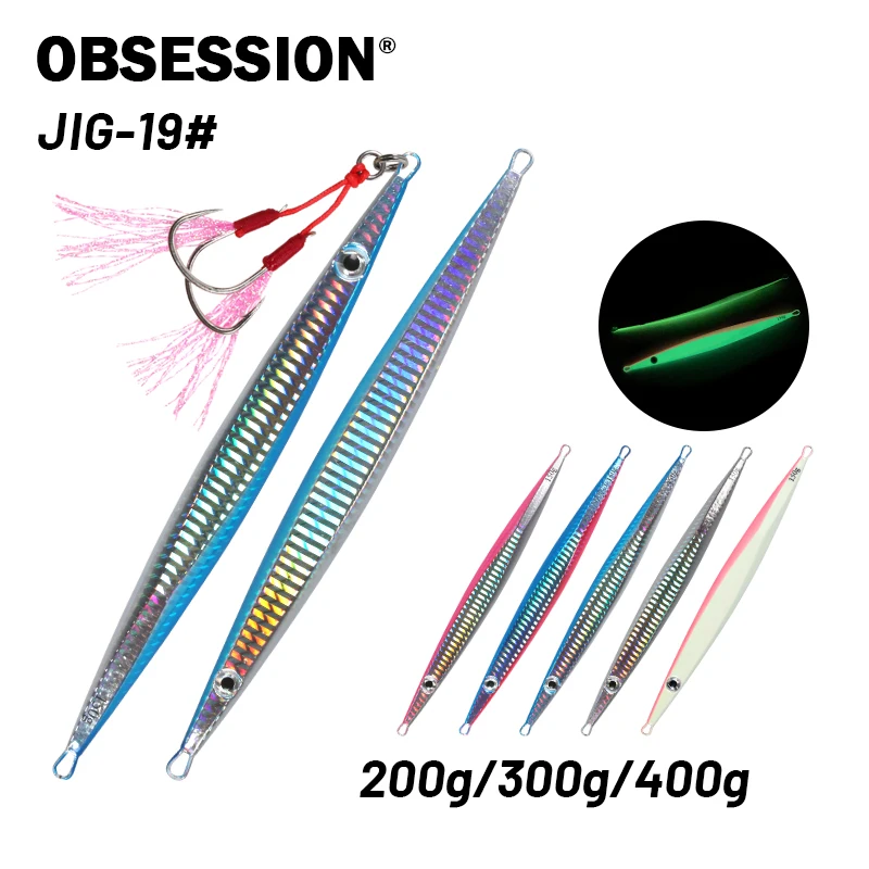 

OBSESSION 200g 300g400g Metal Jig Shore Jigging Lure Vertical Slow Pitch Jigs Luminous Fishing Lure Hard Diving Bait Assist Hook