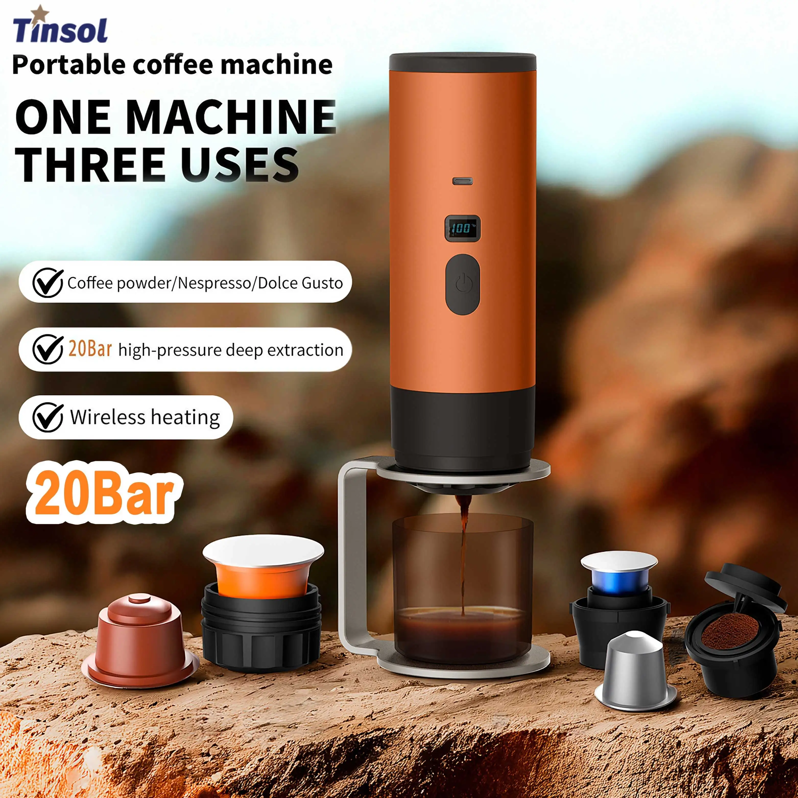 3-in-1 Portable Electric Coffee MakerCapsule Coffee Grinder Travel Coffee Maker with Cordless Heating for Car and Home Camping
