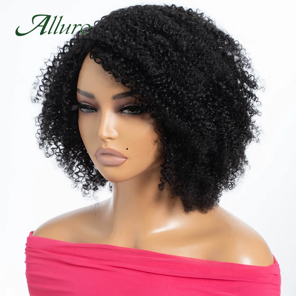 Braziliaanse Jerry Curly Haarwerken van Echt Haar voor Vrouwen, Donkerbruin Gekleurd Kort Krullend Haar, Lijmloze Pruik, Afro Kinky Haarwerken Allure