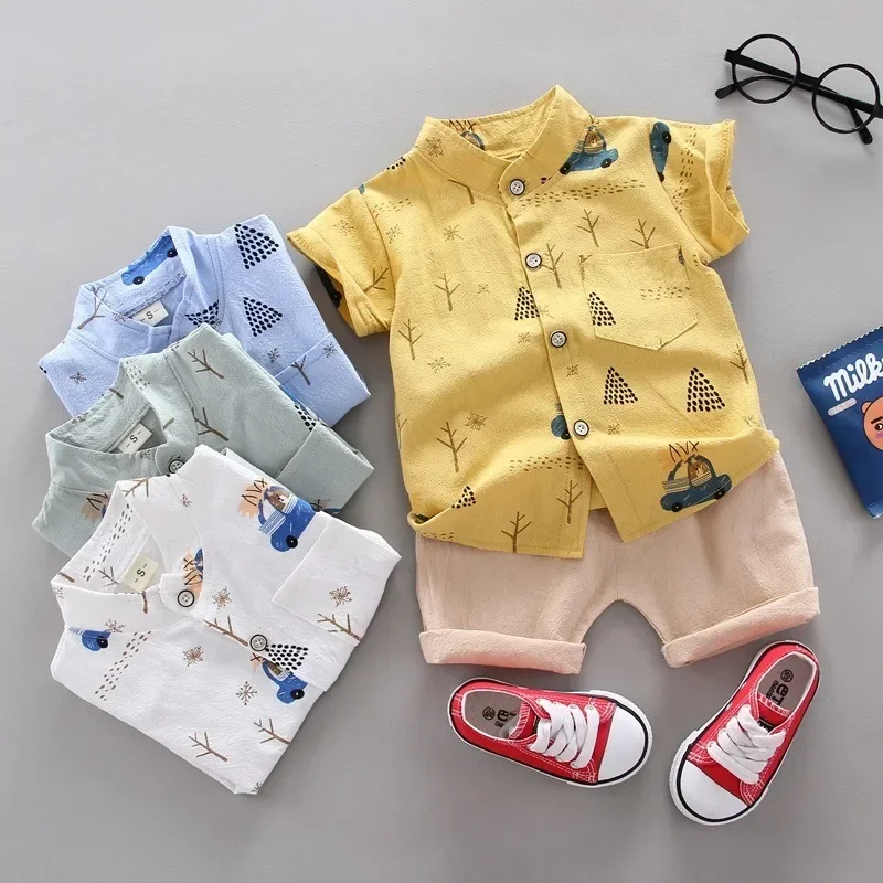 Summer Toddler Set Children Print Bear Short Sleeved Shirt Shorts Sets Baby Boys Outdoor Standing Collar Tops Fashion Kids Suit