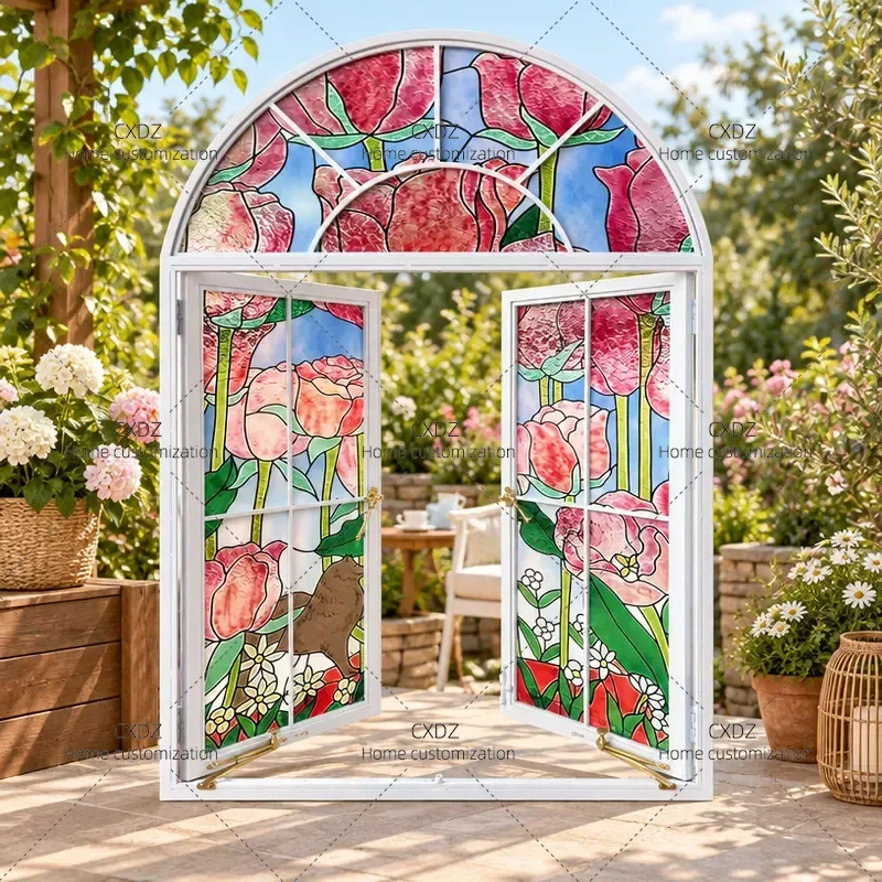 Arched Lattice Window with Vintage Glass Sound Insulation Privacy Protection Plastic Steel Frame for Home