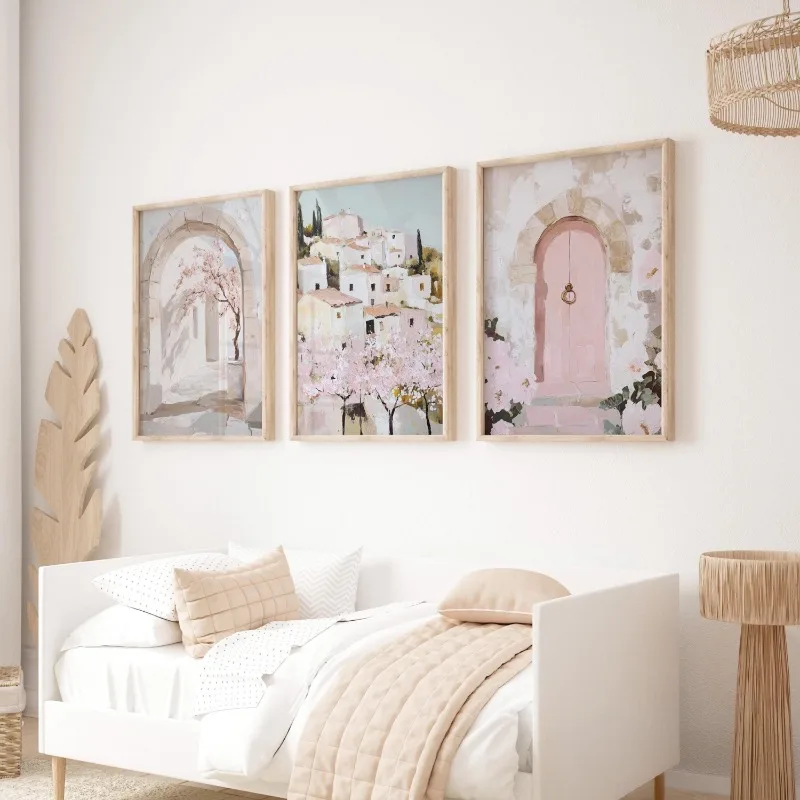 3pcs Soft Pastel Mediterranean Village Wall Art Prints Pink Blossom Arch Door Cozy Cottage Aesthetic Unframed Canvas Painting
