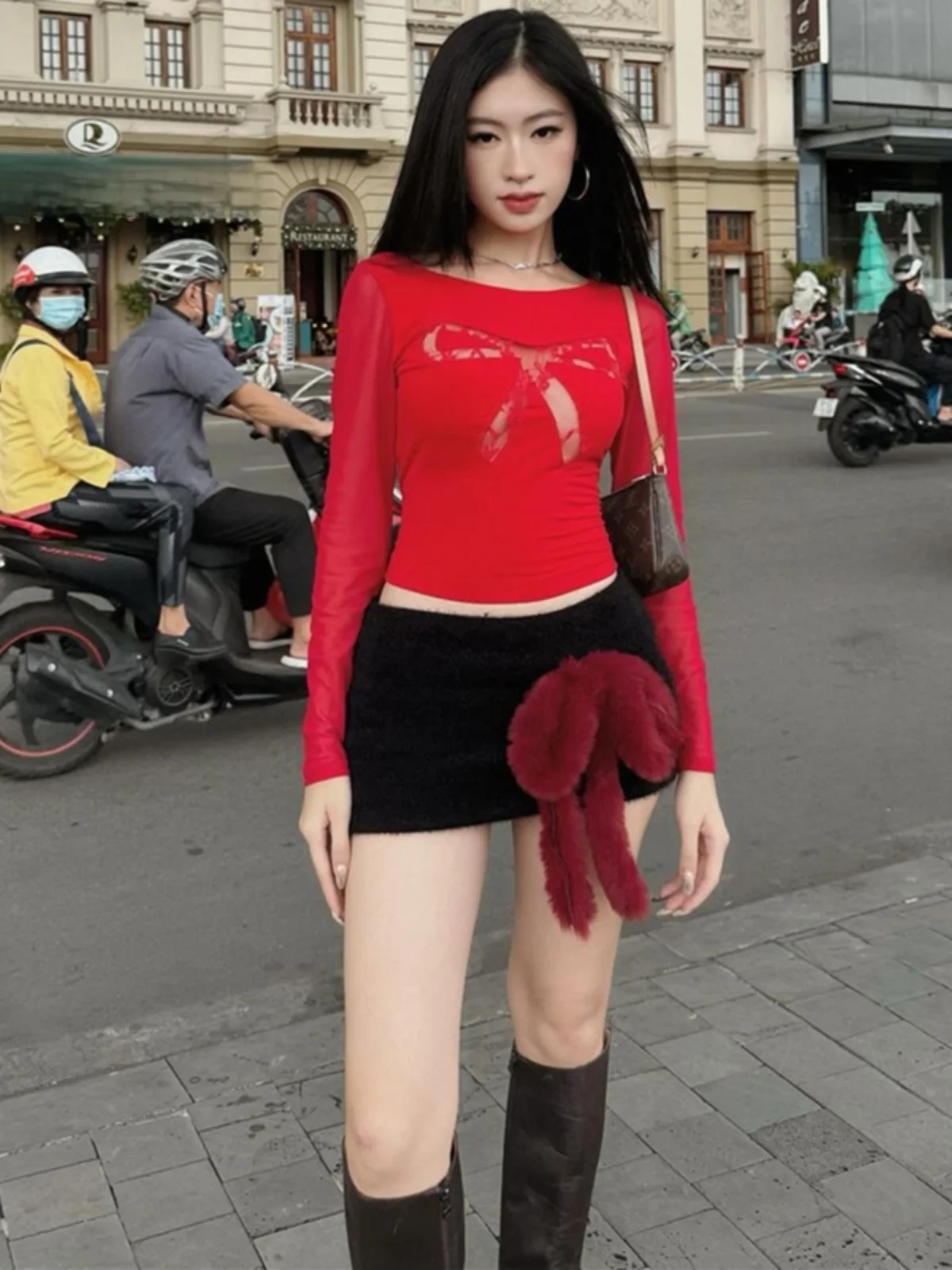 

Knot Lace Splice Long Sleeve T-Shirt Furry Wrap around Skirt Street Style Hot Girl Summer Women's Fashion Set
