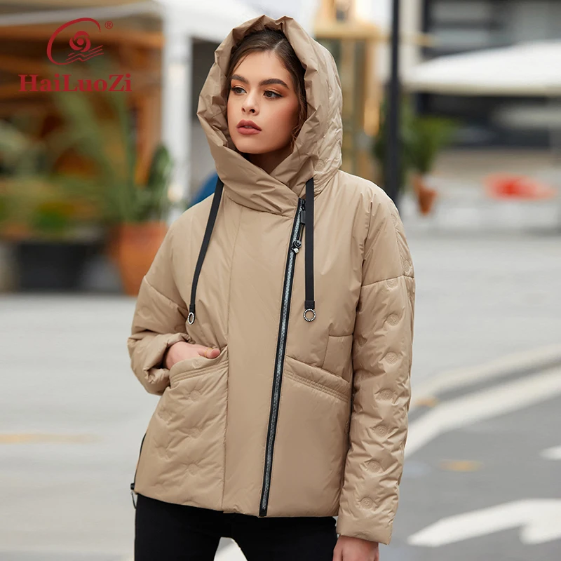 HaiLuoZi 2022 Women Jacket Spring Windproof Coat Women\'s Short Fashion Slanted Placket Quality Filling Female Casual Parka 7088