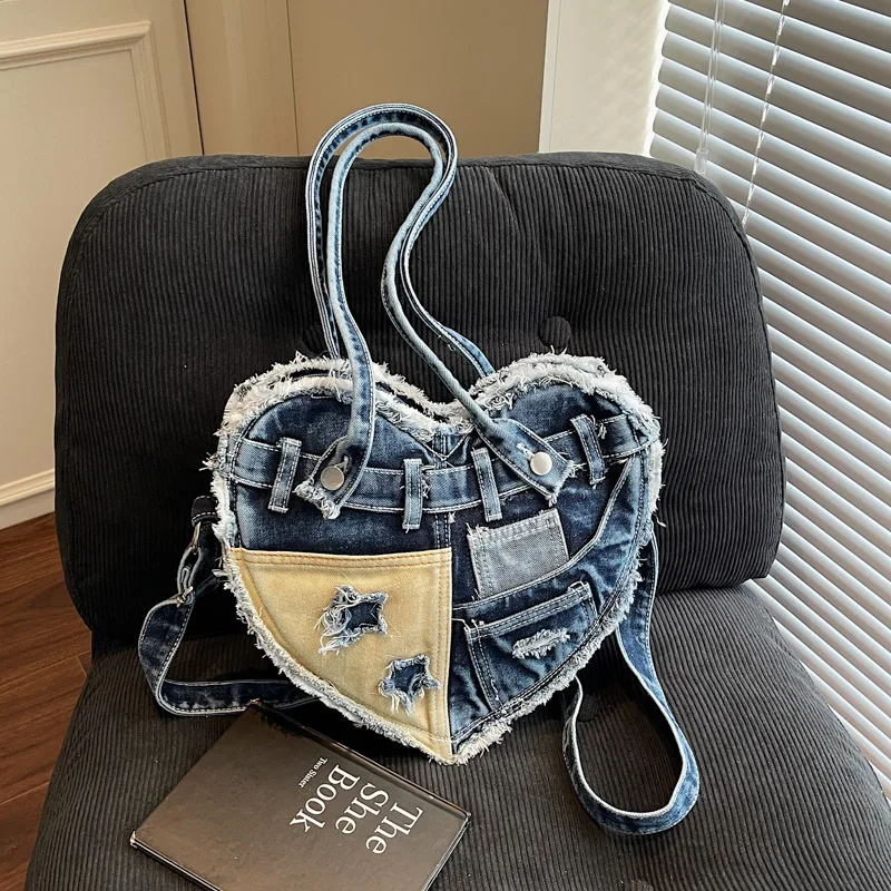 Trendy and Spicy Girl Casual Washed Denim Bag Heart Style One Shoulder Backpack Niche Design Motorcycle Canvas Commuting Bag