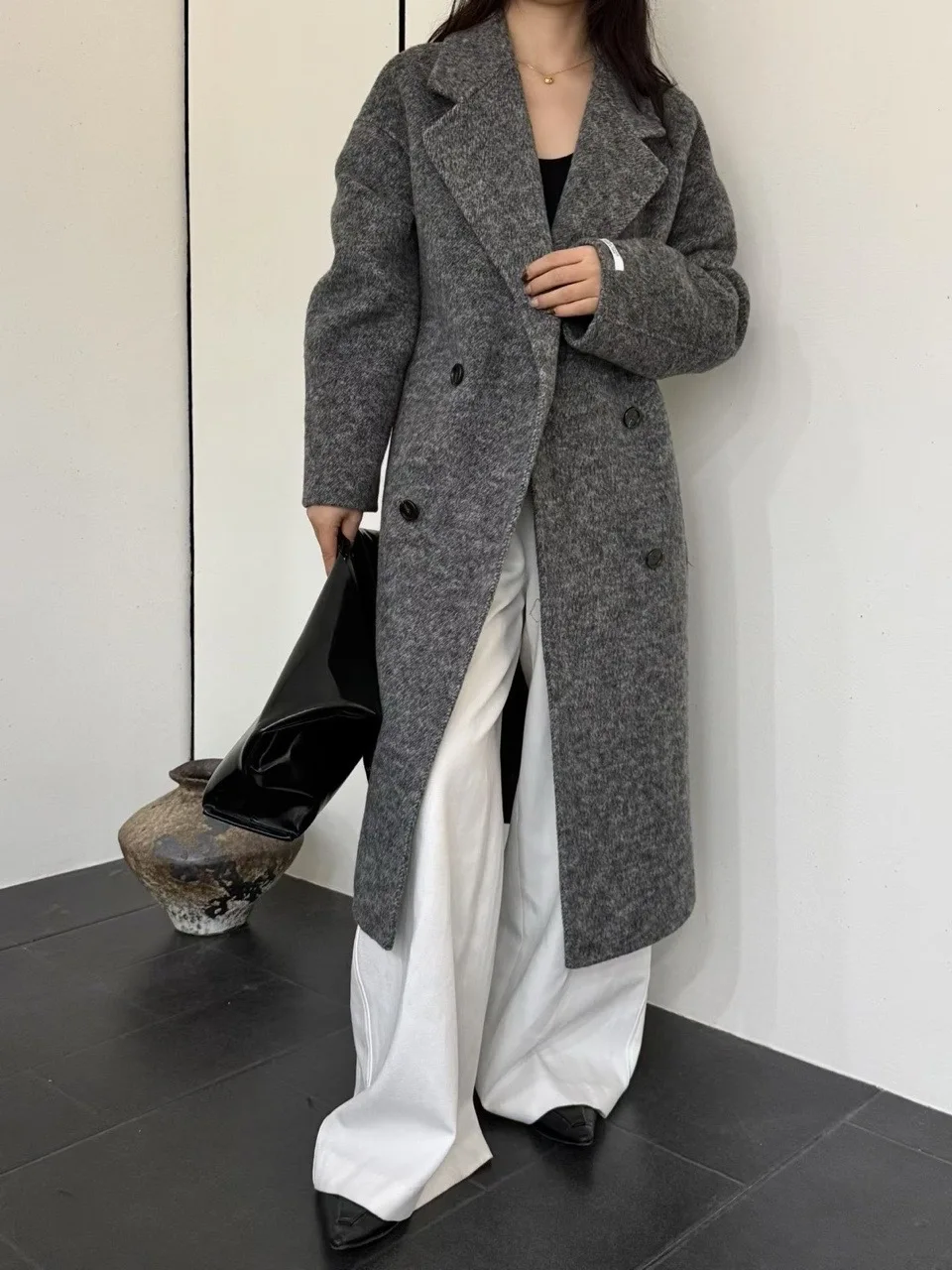Autumn Winter Women Wool Alpaca Blend Long Coat Double Breasted Notched Lapel Over sized Loose Warm Outerwear