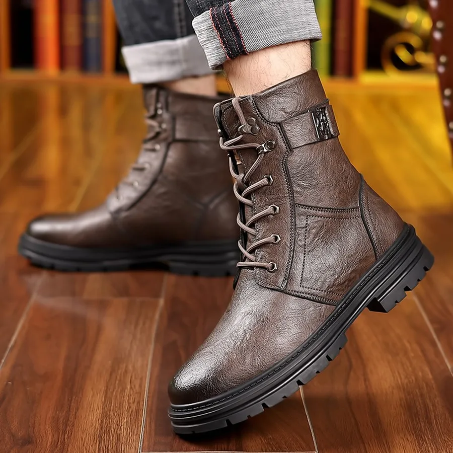 Herren-Winterstiefeletten, Schnürstiefel mit hohem Schaft und verstellbarer Schnalle, strapazierfähige Sohle für Wanderungen und Freizeitkleidung. – Detail 16