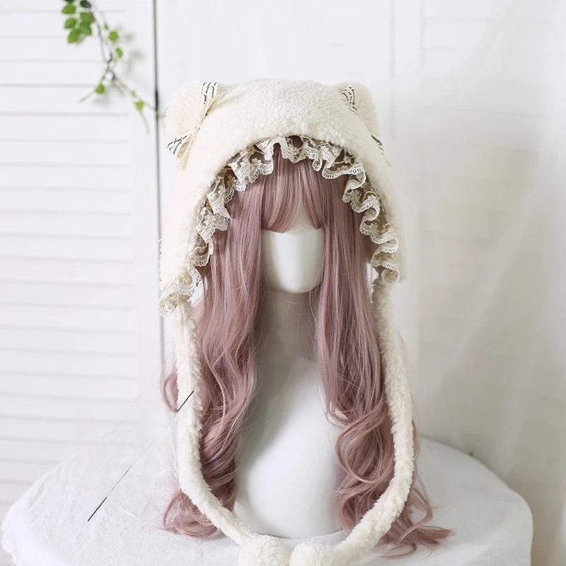 

Japanese Cute Lace Lei Feng Hat Lolita Daily Bear Ear Protector Versatile Plush Ins Baotou Hat
