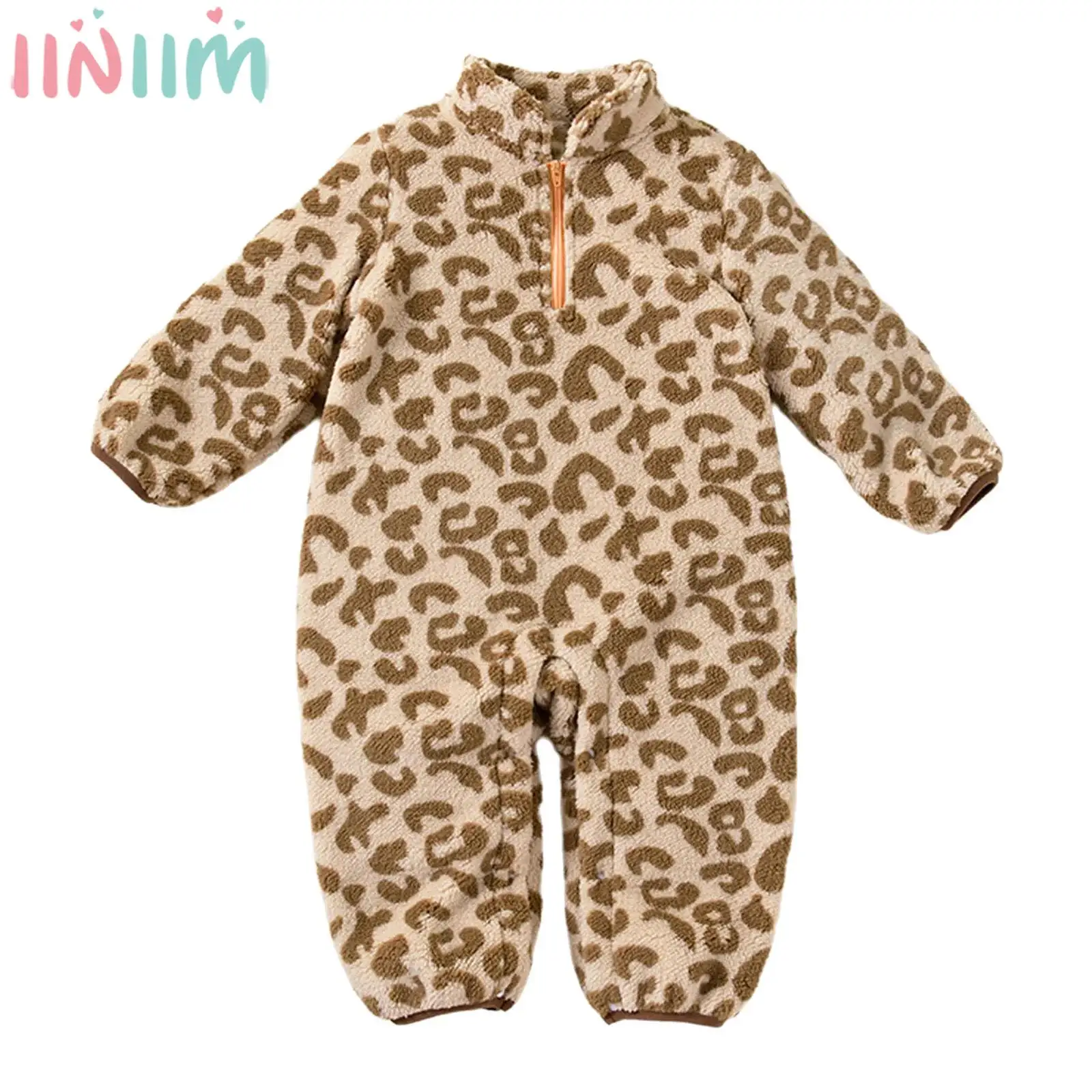 

Baby Boys Girls Leopard Print Polar Fleece Romper Long Sleeve Zipper Button Crotch Plush Jumpsuit Spring Winter Warm Costume