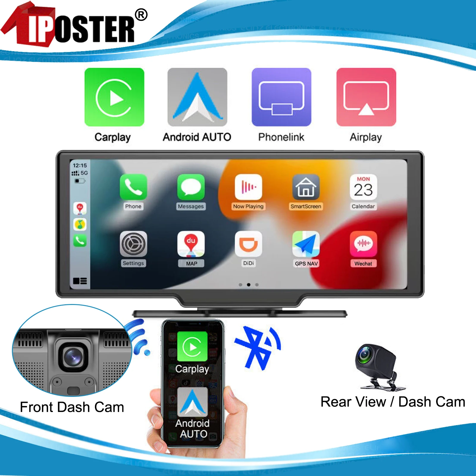 iPoster Rejestrator samochodowy 10,26 cala Kamera samochodowa 1080P Carplay Android Auto Video Drive Rejestrator Stream Dashcam FM Bluetooth Audio DVR GPS