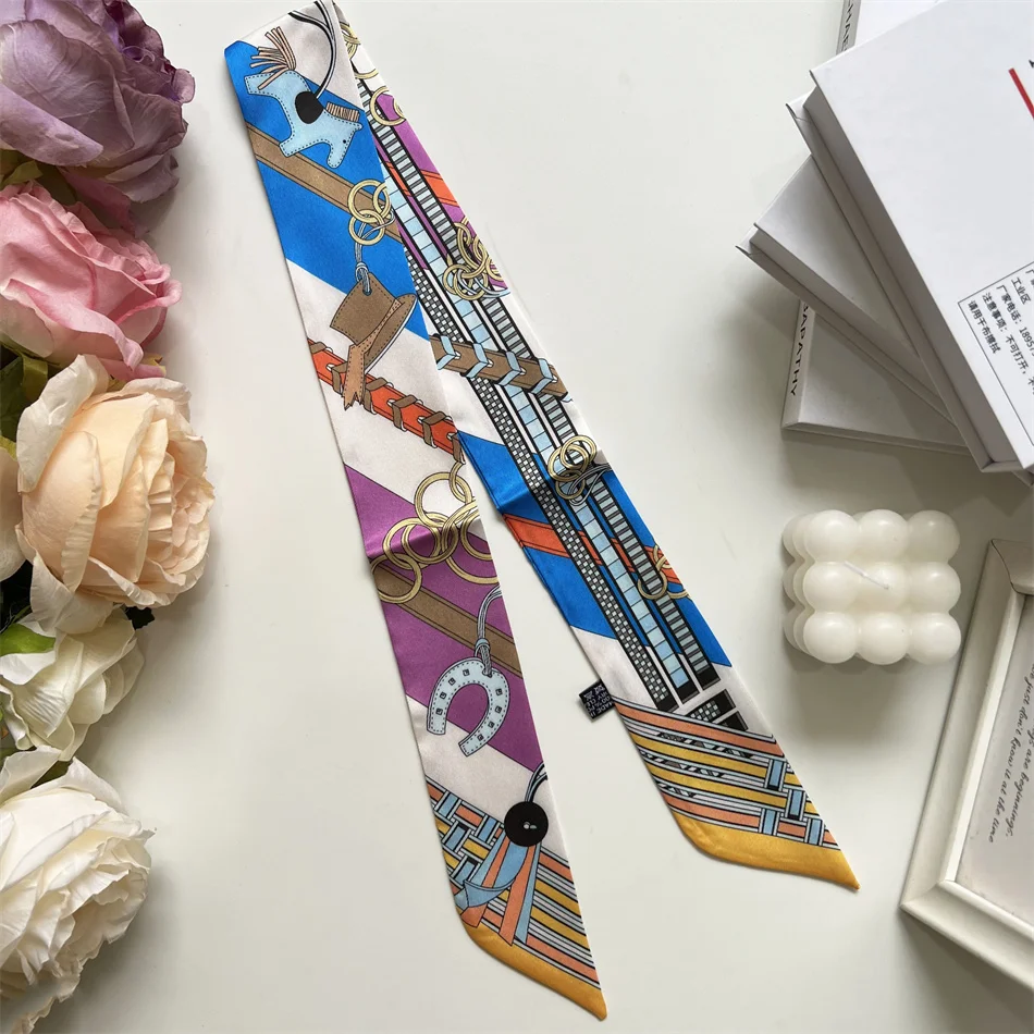 새로운 롱 스몰 실크 스카프 헤어밴드 여성용 양면 우아한 바인딩 스트랩 스트리머 스몰 스카프 선물 리본 실크 스카프