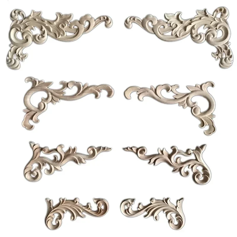 2PCS Wood Appliques Onlays Natural Furniture Wall Door Woodcarving Decorative Long Flower Wooden Figurines Crafts Corner Frame