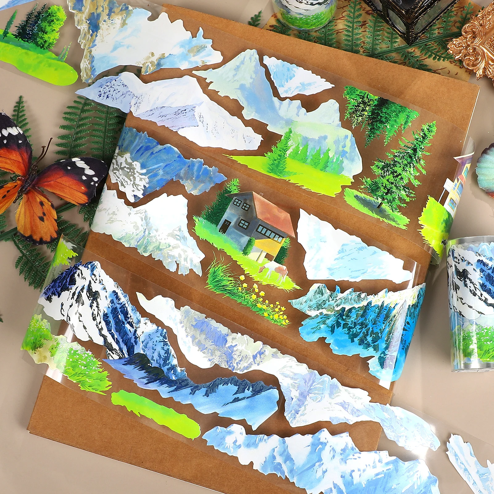 เทป PET ลายภูเขาหิมะและต้นไม้สไตล์วินเทจ ขนาด 70 มม.*5.2 ม. สำหรับงาน DIY สร้างสรรค์ วัสดุตกแต่งสมุดบันทึก คอลลาจ และงานศิลปะ