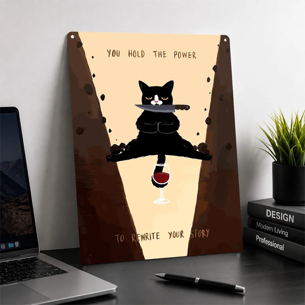 Empowered Cat With Knife and Wine 3D Printed Texture Poster Personalized Wall Art Retro Metal Tin Signs for Article Decoration