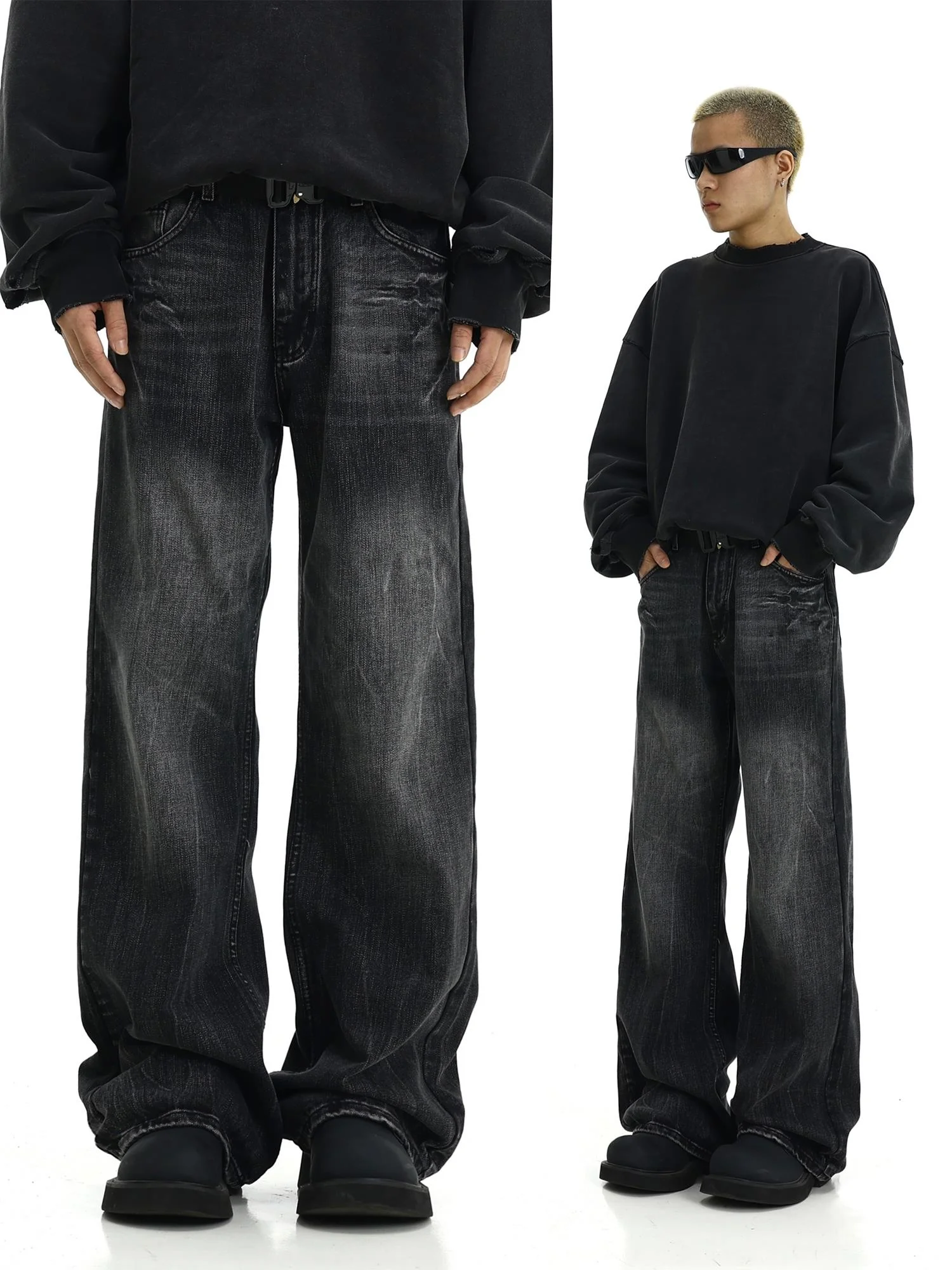 

Retro Bla Waed Straight Leg Jeans Men Women American High Street Design Loose Wide Leg Pants Casual Long Trousers