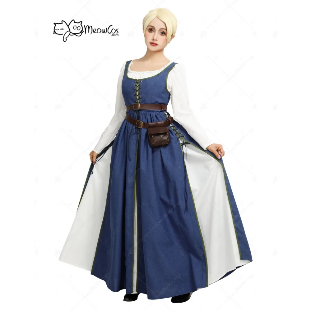 DAIZBELLA Women Medieval Renaissance Dress Retro Viking Fake Two Piece Dress with Wasit Bag Cosplay Costume for Halloween