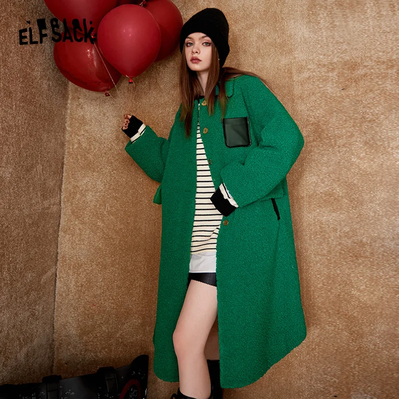 ELFSACK Green Warm Wool Coats Women Winter Long Outwears