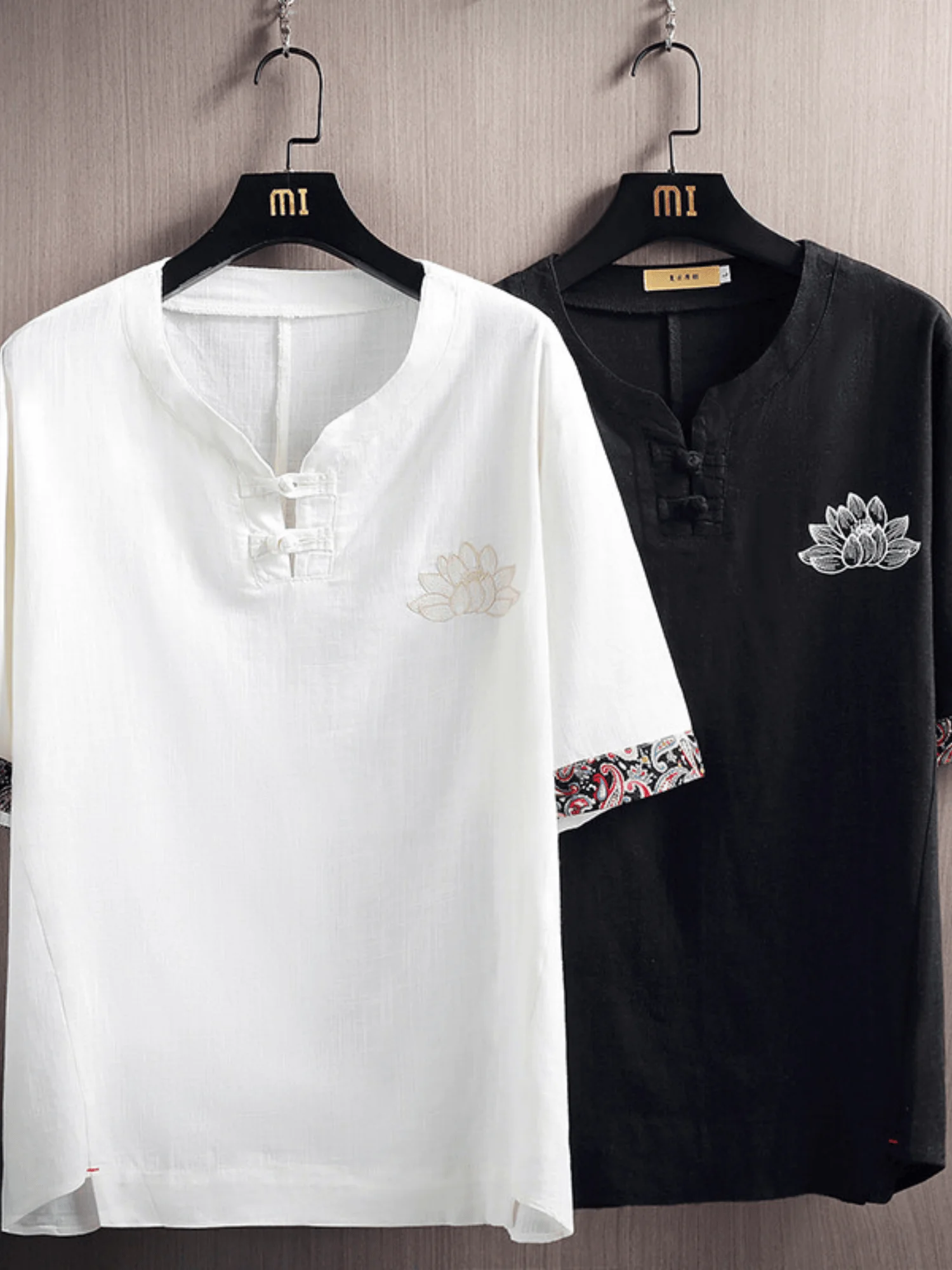 

Мужская летняя тонкая льняная футболка свободного кроя с вышивкой, широким воротом и коротким рукавом, дышащая, модная, повседневная