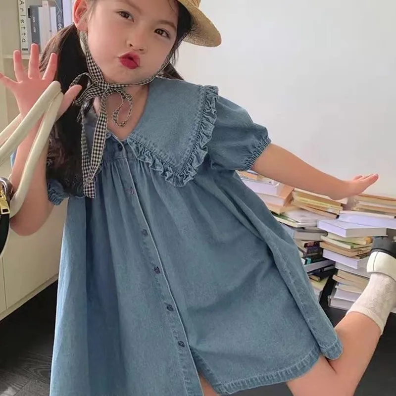 2024 Summer New Girl\'s puff sleeve dress Kids solid color denim princess party dress Baby girl big turn-down collar dress