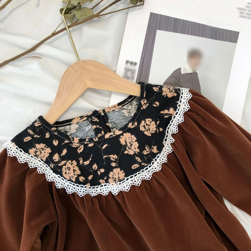 Autumn Lace Bubble Sleeve Children Baby Girls Dresses Velvet Retro Style Clothes Girls Princess Dress Spring Girl Clothing