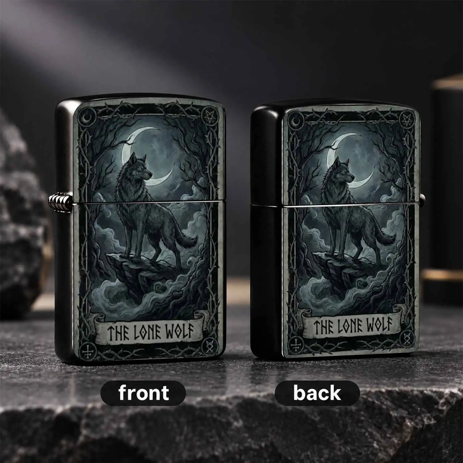 Vintage Tarot Style The Lone Wolf Pattern  Dark Crescent Moon Thorn Frame Cool Gothic Portable  For  Outdoor Camping Collectible Gift For Men  Holiday Present A Fun And Humorous Lighter