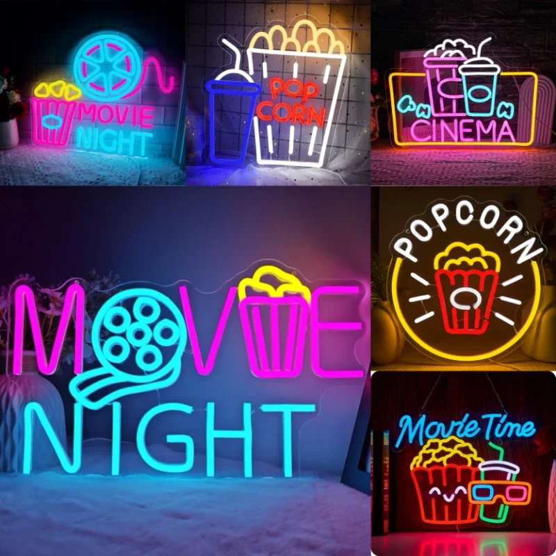 Movie Night with Popcorn Carton Neon for Wall Decor, Home Theater Decor, Dimmable USB for Cinema Man Cave Party Birthday