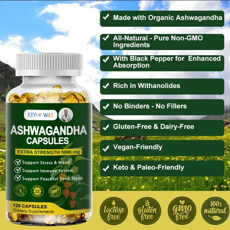 Organic Vegan Ashwagandha Root Capsules, Gluten-Free, Kosher, Non-GMO, Supports Stress Relief, Energy, Deep Sleep, Adjust Mood