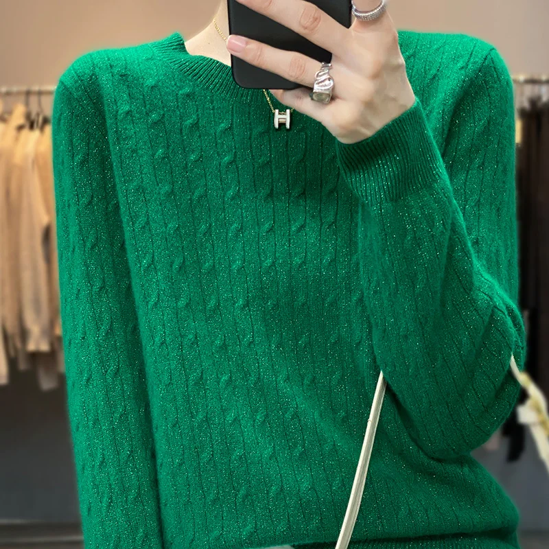 New cashmere sweater with round neck and bright silk sweater in autumn and winter Korean version of loose and versatile pure woo