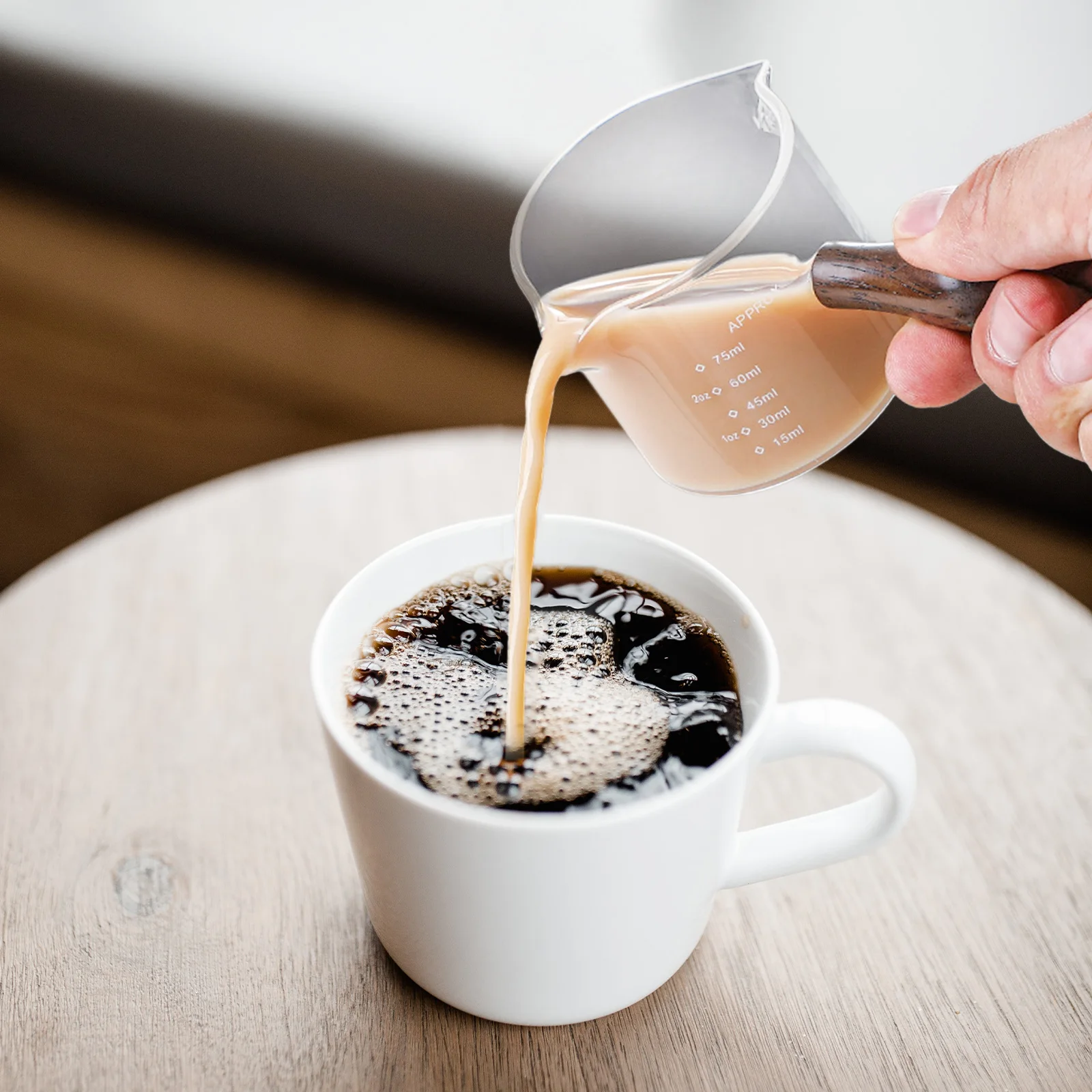 

Double Spout Milk Pitcher Glass Coffee Art Measuring Cup For Latte Cappuccino Lightweight Espresso Cup Wooden