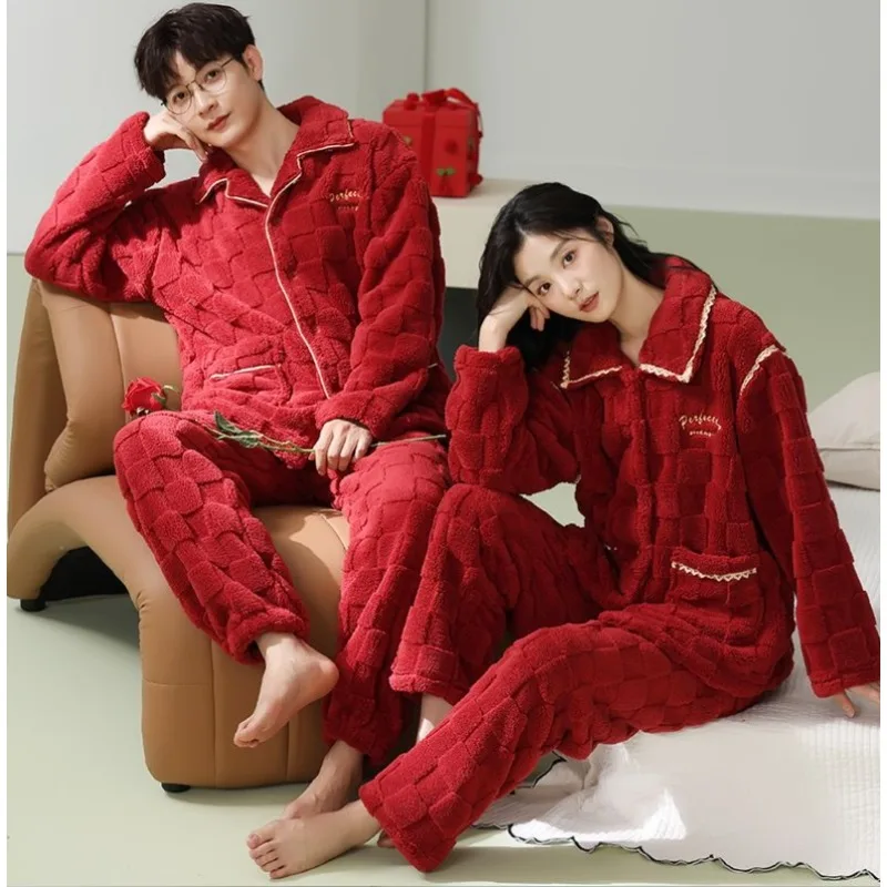 Pyjamas Wedding Couples Set New Velvet and Thick Coral Velvet Red Autumn and Winter Home Wear Comfortable To Wear Couple Pajamas