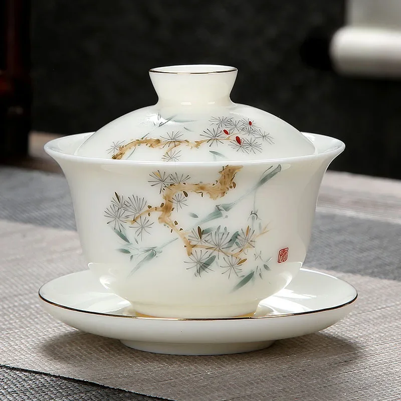 White Jade Porcelain Tea Bowl, Tea Cup and Saucer, Gaiwan, High-End Chinese Household Tea Set, Ceramic Puer Teacups, Tureen