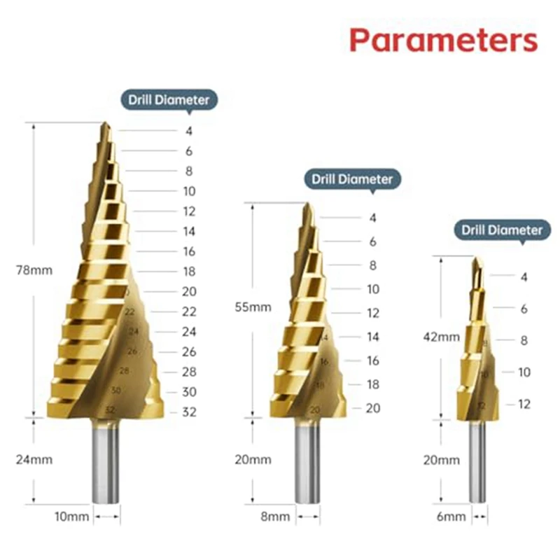 Conjunto de brocas passo, 3 peças de brocas passo de titânio, brocas cônicas métricas de 4mm a 32mm para metal, madeira, pvc
