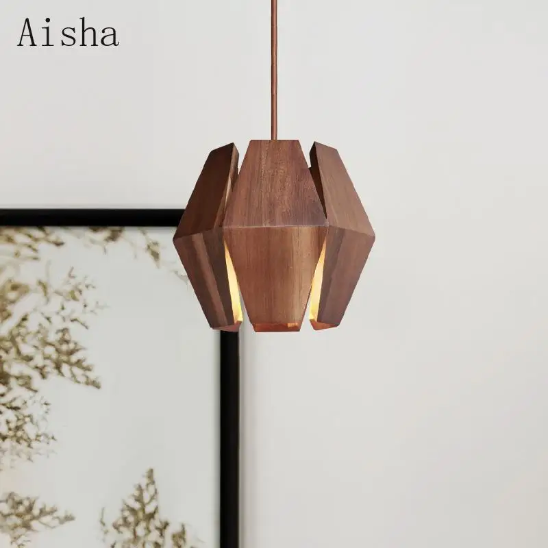 Retro Solid Wood Pendant Lamp for Home Bar Counter Bedside Niche LED Wooden Hanging Light Hallway Medieval Decoration Light