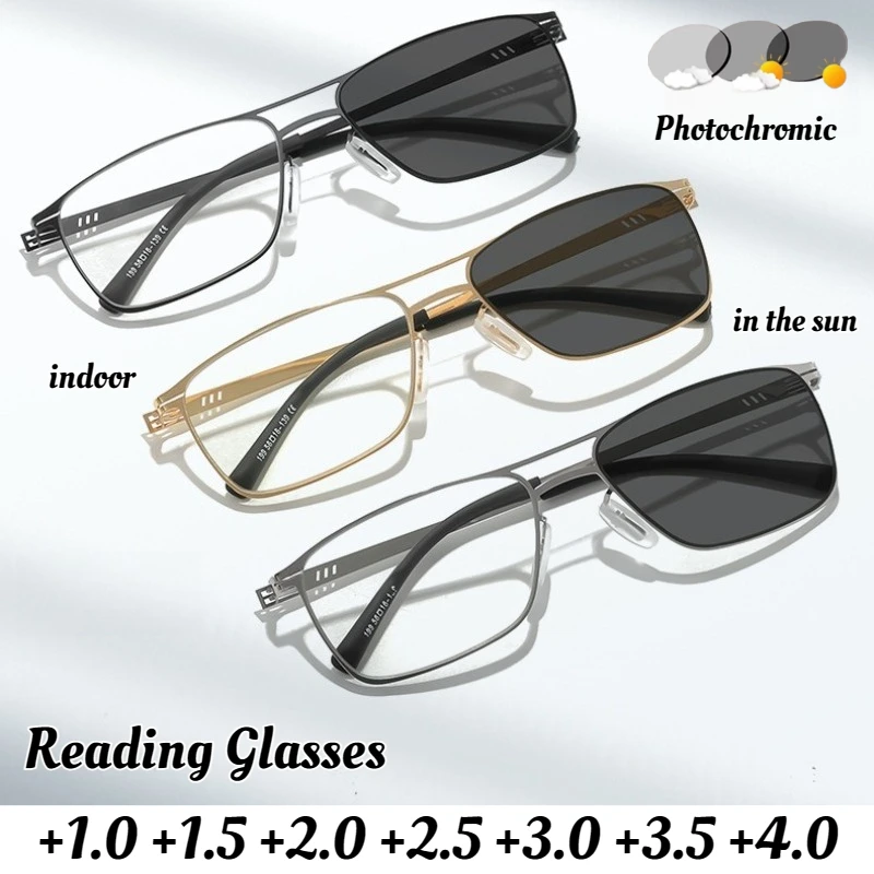 

Unisex Retro Square Frame Photochromic Reading Glasses Metal Frame Blue Light Barrier Reading Glasses Men's Luxury Glasses +4.0