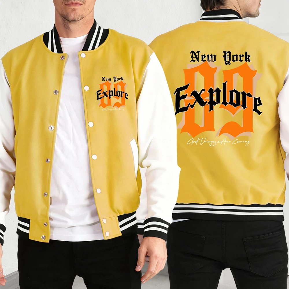 

New York City Explore Print Men Streetwear Hip Hop Fashion Button Jacket Casual Loose Baseball Jersey Autumn Unisex Retro Top