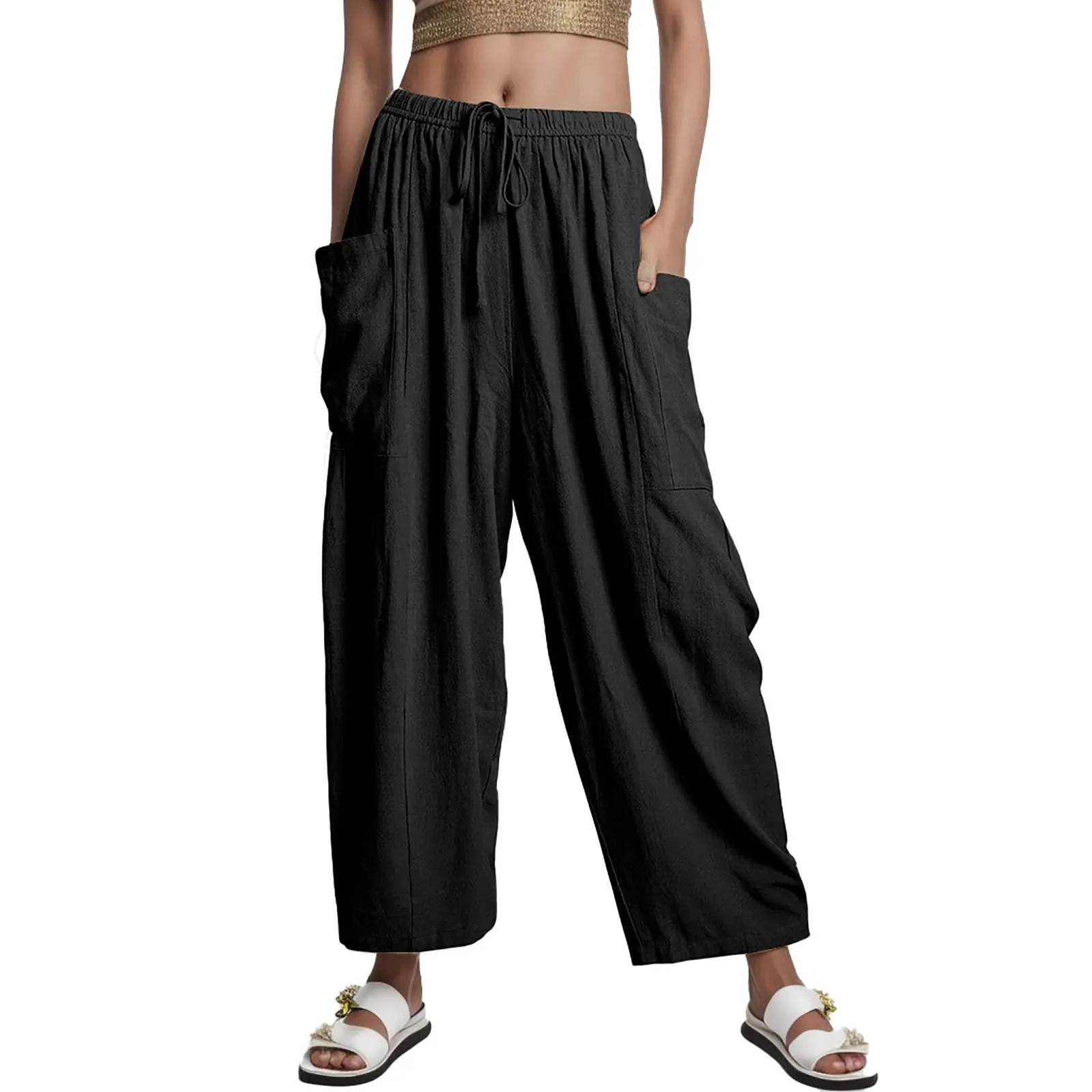 Frauen lose Baumwoll Leinen Mischhose mit Taschen 2024 Sommer hohe Taille Kordel zug Baggy Hose weites Bein gerade lange Hose