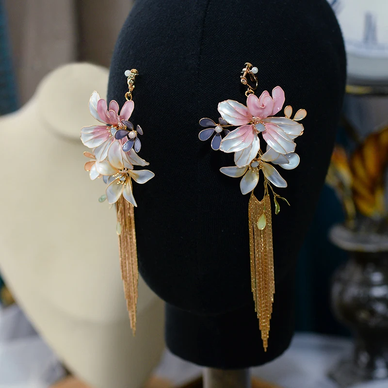 

Sweety Resin Flower Woman Evening Earrings with Long Tassels Girls Pinky Turkish Party Earring