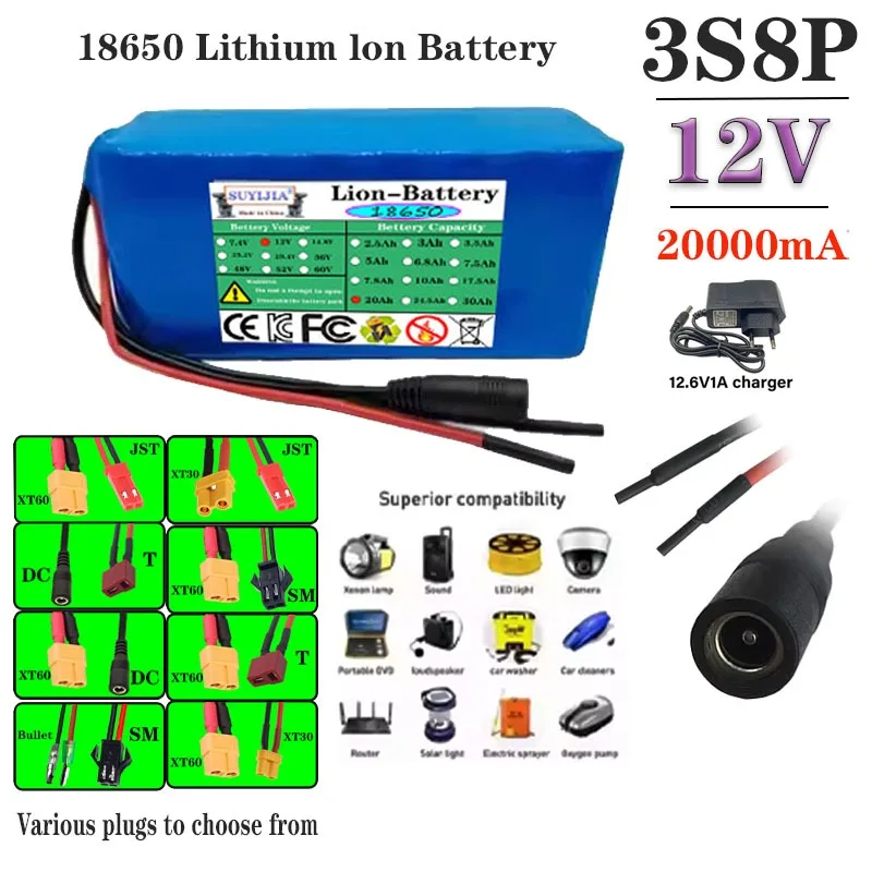 Batterie Lithium-ion 3s8p 12V 20ah 18650,12V 20000mAh DC12.6V, Batterie Rechargeable De Très Grande Capacité Avec BMS + Chargeur