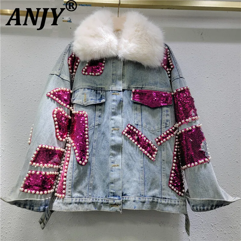 

ANJY Autumn Winter New Women Fashion Heavy Beaded Sequin Denim Padded Coat Ins High-End Faux Fur Collar Streetwear Jacket A15503