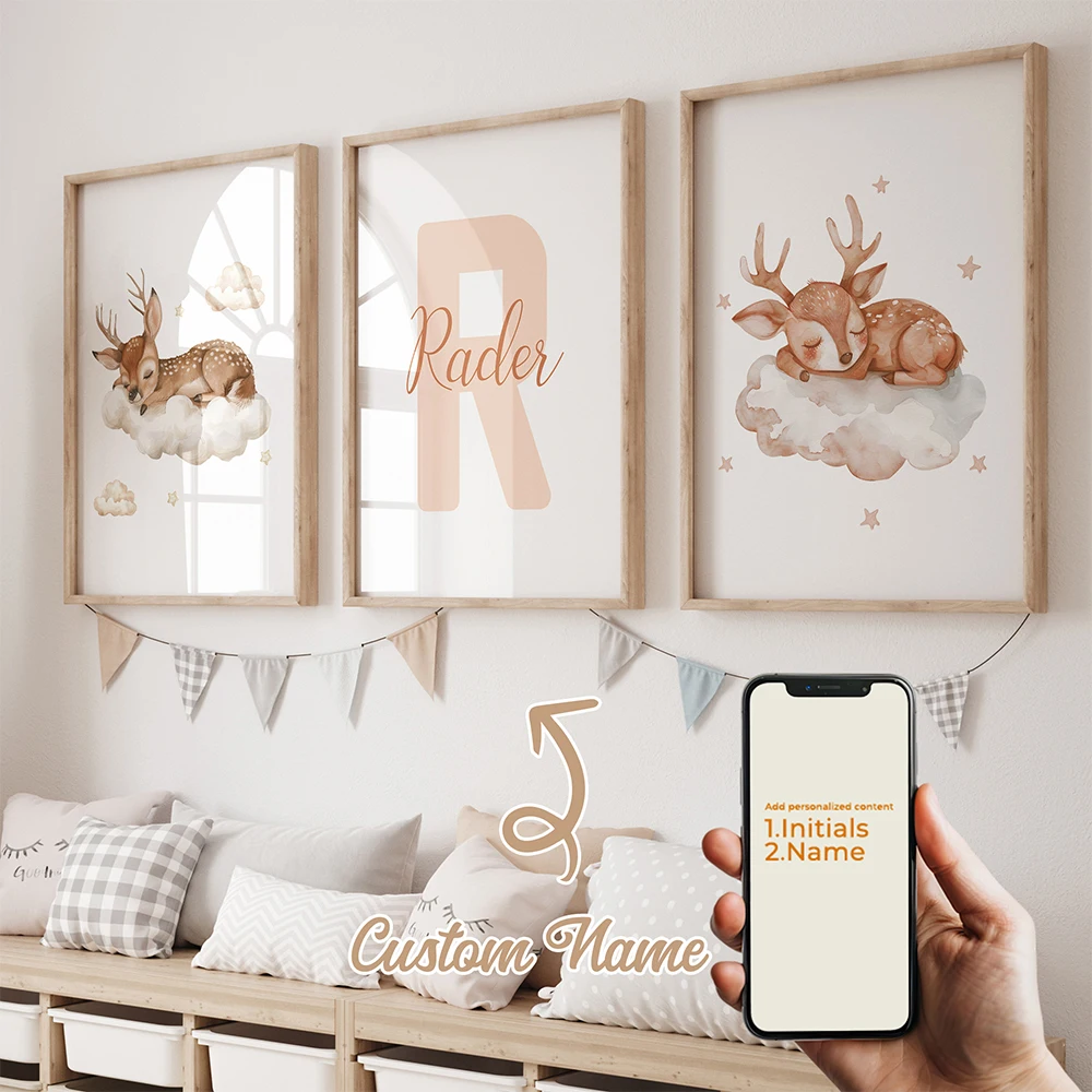 

3pcs Personalized Name Custom Cute Spotted Deer Sleeping Clouds Sky Wall Art Print Picture Living Room Kids Room Home Decor