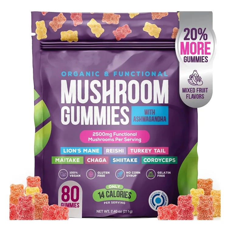 Gomitas de hongos con suplemento de hongos súper orgánico de vitamina C de Ashwagandha: aumenta el enfoque y el sistema inmunológico