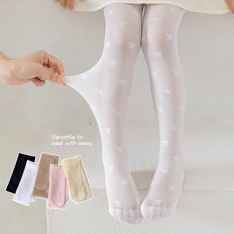 Korean Ins Mesh Pantyhose for Girls Summer Thin Bow Breathable Tights Kids Anti-Mosquito Stockings Cute Lace Trim Sheer Leggings